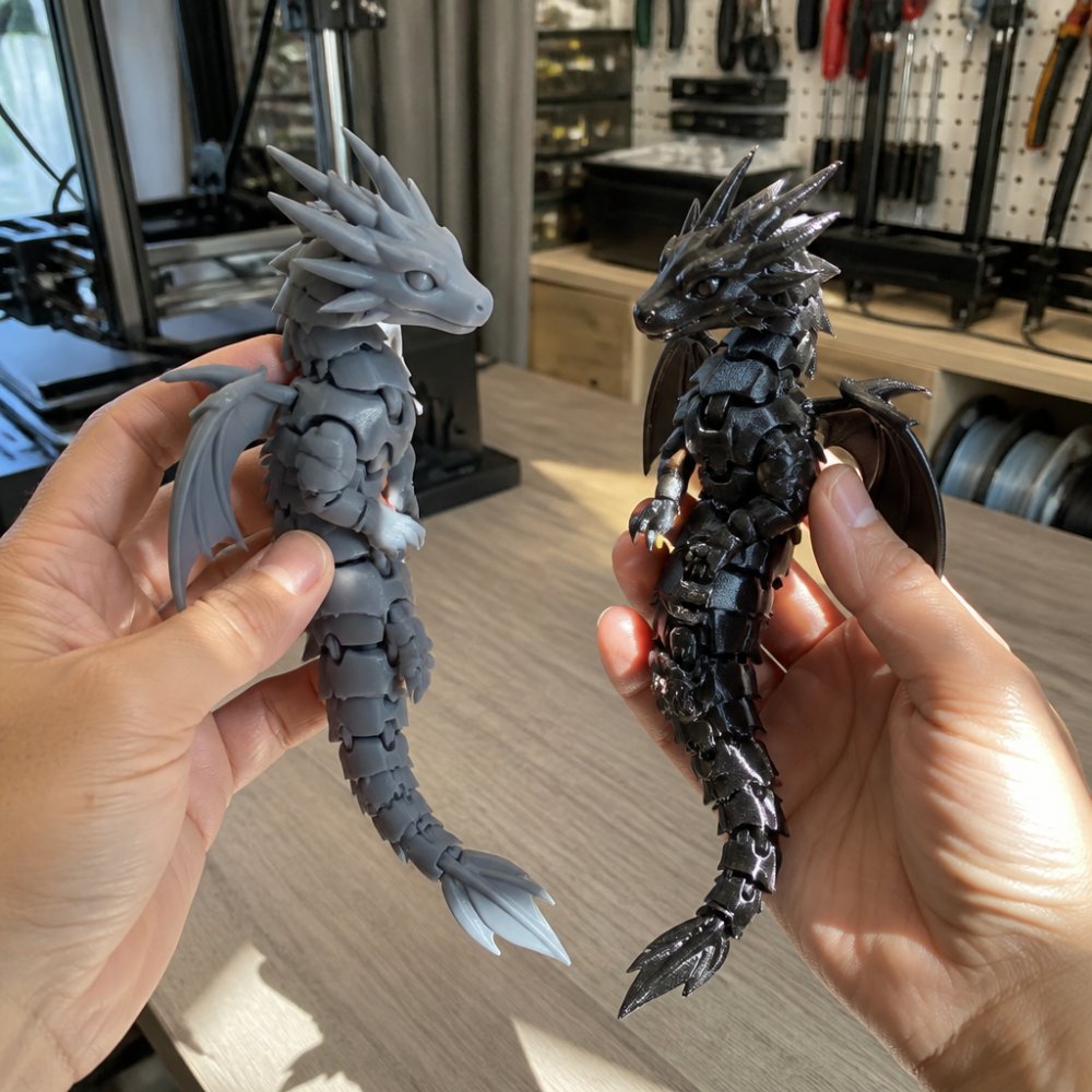 A close-up of a person's hands holding two 3D-printed articulated dragons in a sunlit workshop. One dragon has a matte, solid finish while the other has a slight gloss, showing the surface texture difference between the two materials