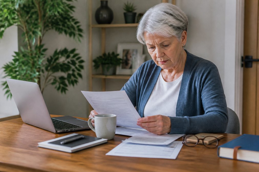 Senior adult reviewing documents on a laptop to choose best medicare plan at a desk with coffee and glasses