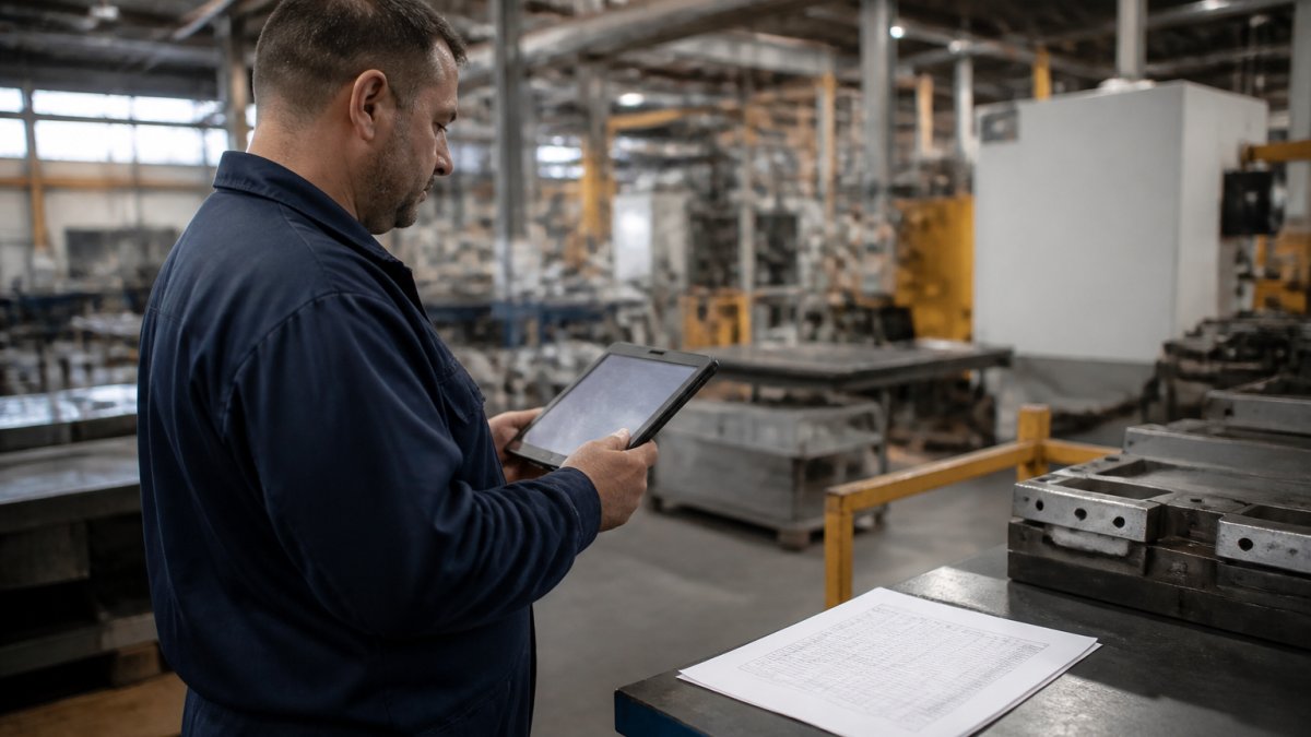 Plant supervisor using a no code manufacturing app on a tablet next to a traditional paper spreadsheet