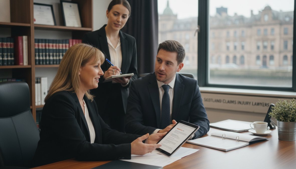 Professional solicitor meeting with a client in a modern Glasgow law office, discussing documents and case details across a desk with natural light from large windows