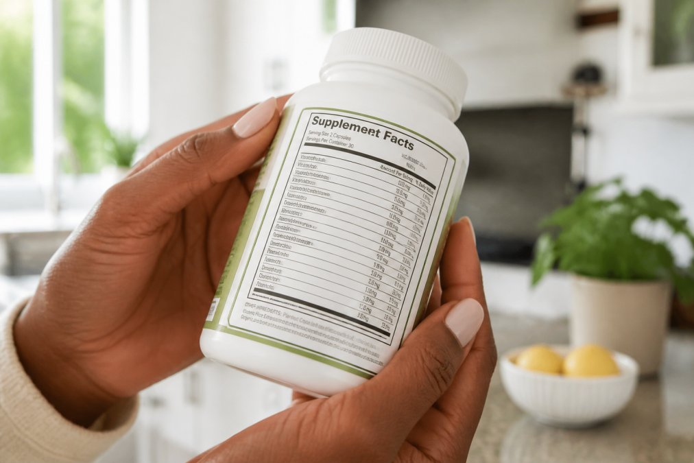 Close-up of hands holding a supplement bottle with label clearly visible, showing the Supplement Facts panel and ingredient list in natural daylight