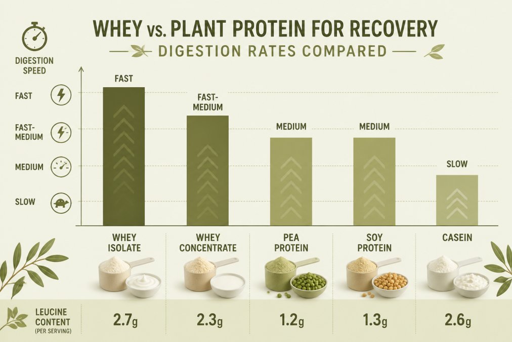 Bar chart comparing digestion rates and leucine content for various recovery protein sources like whey, pea, and casein.