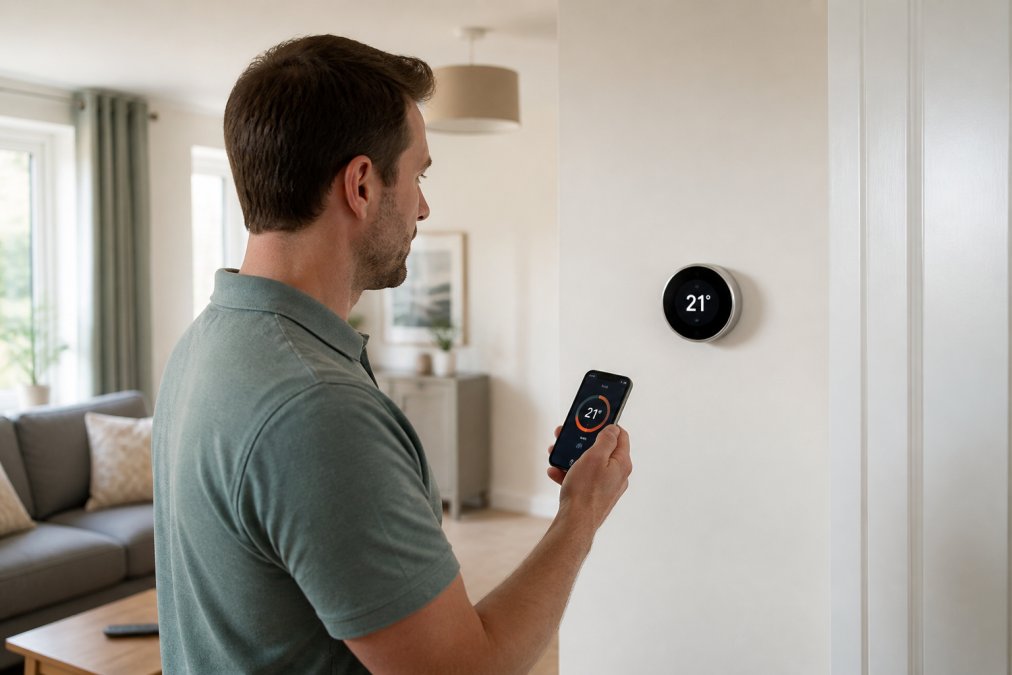 A homeowner standing in a bright living room examining a wall-mounted smart thermostat display while holding a smartphone showing the companion heating app