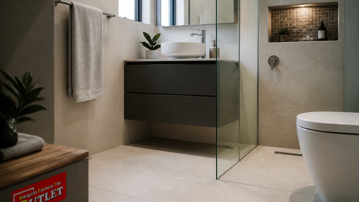 A compact modern bathroom with large-format pale porcelain floor tiles and a mosaic-tiled shower niche, natural light from a small window, folded towel on a rail, illustrative room scene