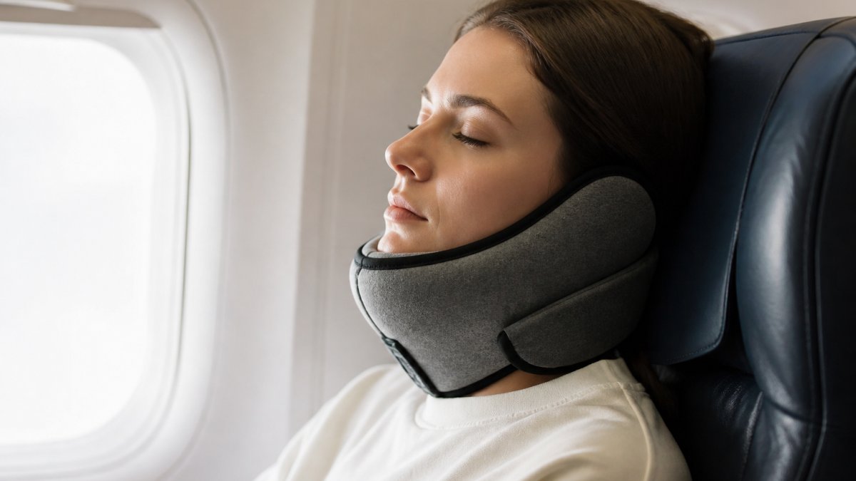 Passenger in an airplane window seat using a chin-support travel pillow to maintain neck alignment while sleeping.
