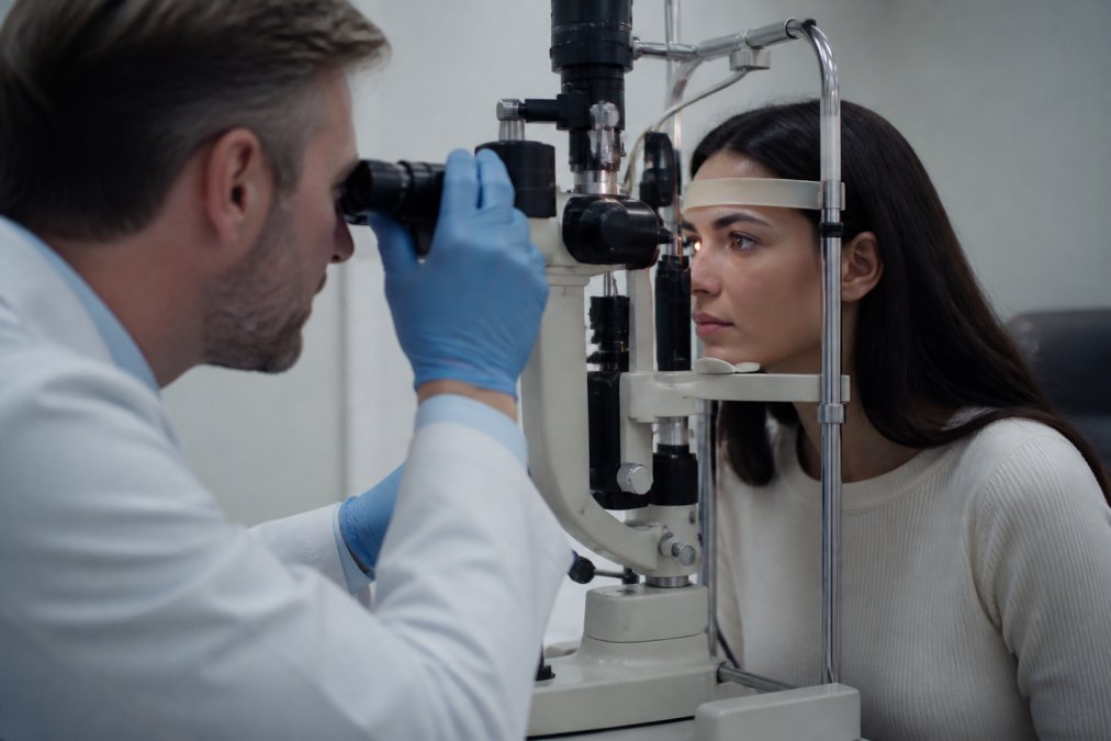 Close-up of an optometrist's gloved hands positioning a slit lamp while a patient rests their chin on the support, dim exam room with blue monitor glow