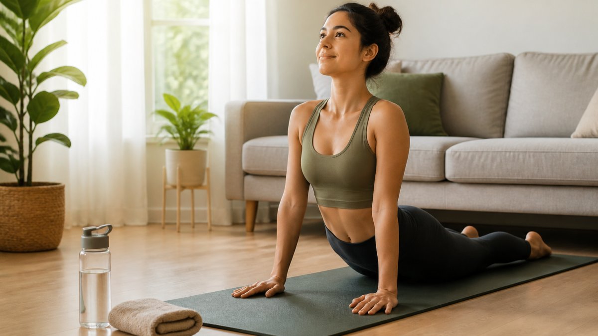 Beginner practicing a yoga pose on a mat in a sunlit living room with water and a towel nearby