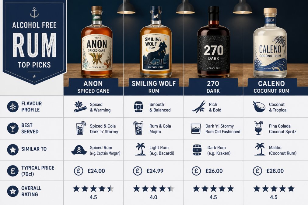 Four bottles of alcohol-free rum alternatives lined up on a worn wooden bar surface under warm pendant lighting, showing varied label styles and bottle shapes against a dark background