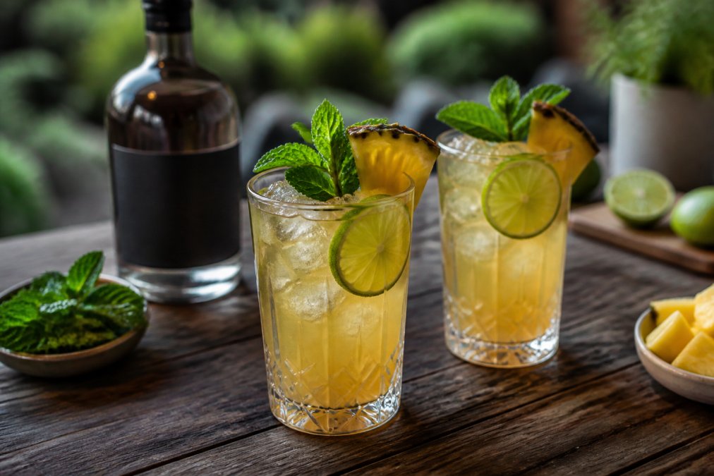 Two tropical mocktails garnished with lime wedges, fresh mint, and pineapple slices on a rustic wooden table, ice visible in the glasses, a dark-labelled alcohol-free rum bottle positioned in the soft-focus background