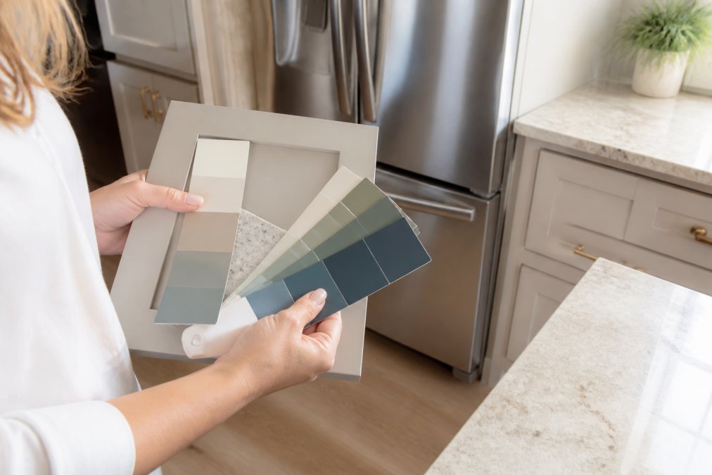 A homeowner holding paint swatches and a colour fan deck against kitchen cabinet doors, with a countertop sample and stainless steel appliance visible in the background of a bright kitchen