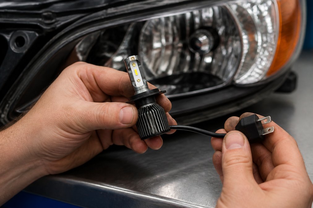 Professional technician's hands holding a headlight bulb, displaying the base type connector, part number marking, and filament configuration under bright workshop lighting with the bulb housing visible in background
