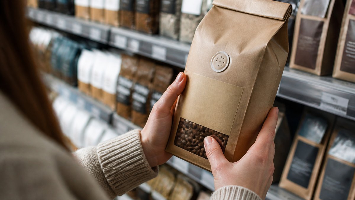 Close-up of hands holding a coffee bag in a grocery store aisle, carefully examining the roast date label and one-way valve on the front of the packaging under store lighting