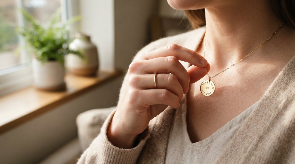 Woman's hand wearing delicate personalized necklace with engraved details, natural sunlight highlighting the fine metalwork and shine of the precious metal