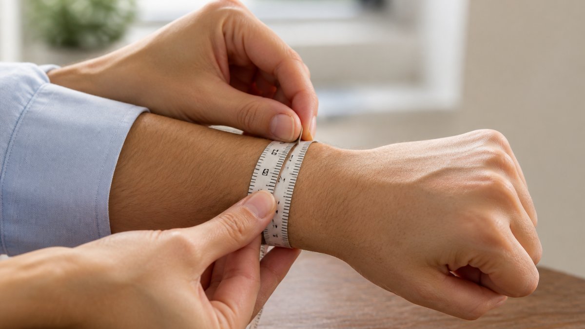 Close-up of hands using a soft measuring tape wrapped around a wrist at the bone area, showing proper measurement technique with natural lighting