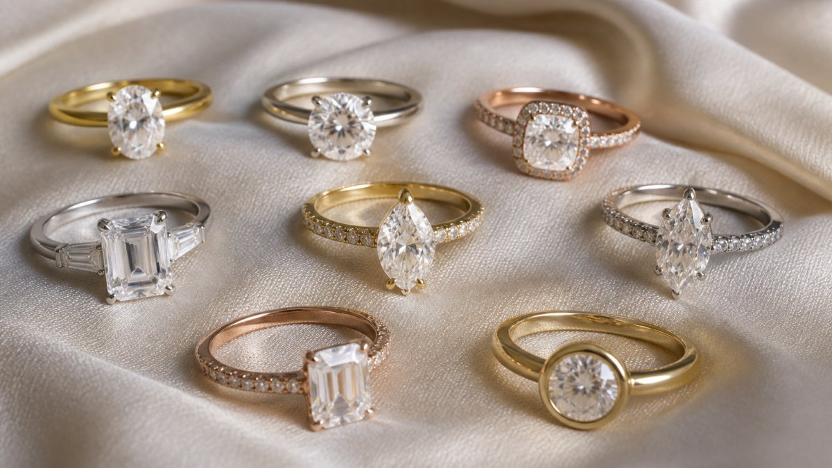 Various diamond engagement rings with different metal finishes and settings displayed on soft fabric