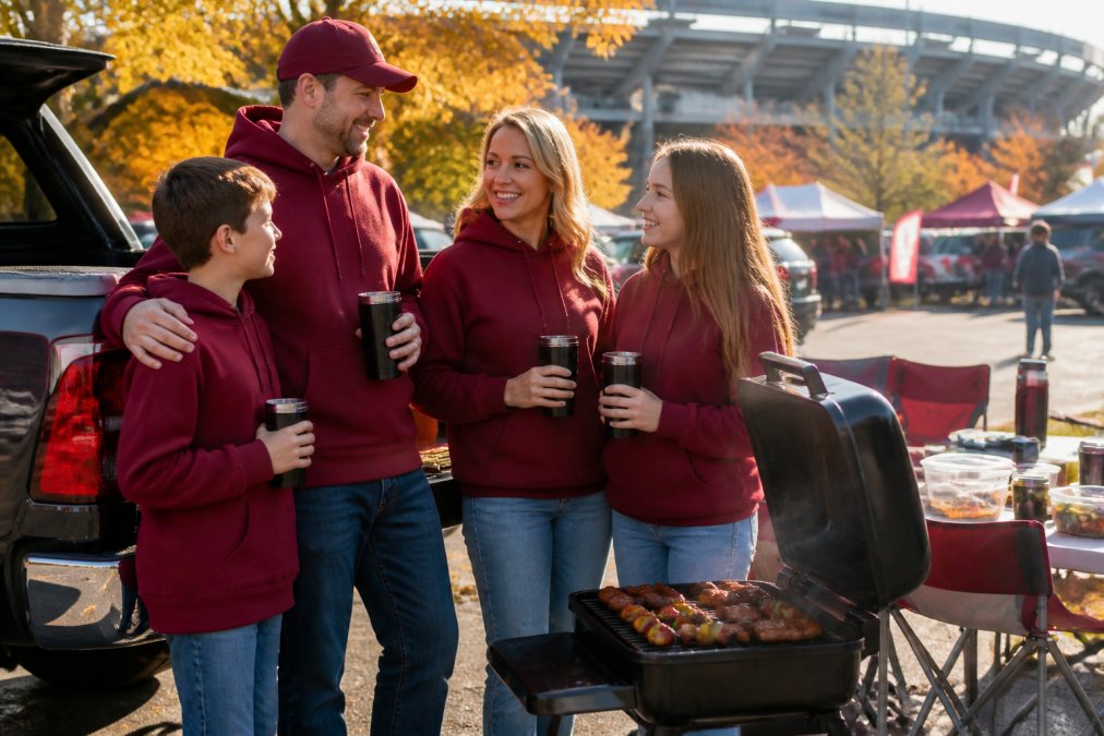 Family of football fans tailgating with a portable grill and drinks outside a stadium on a sunny fall afternoon.