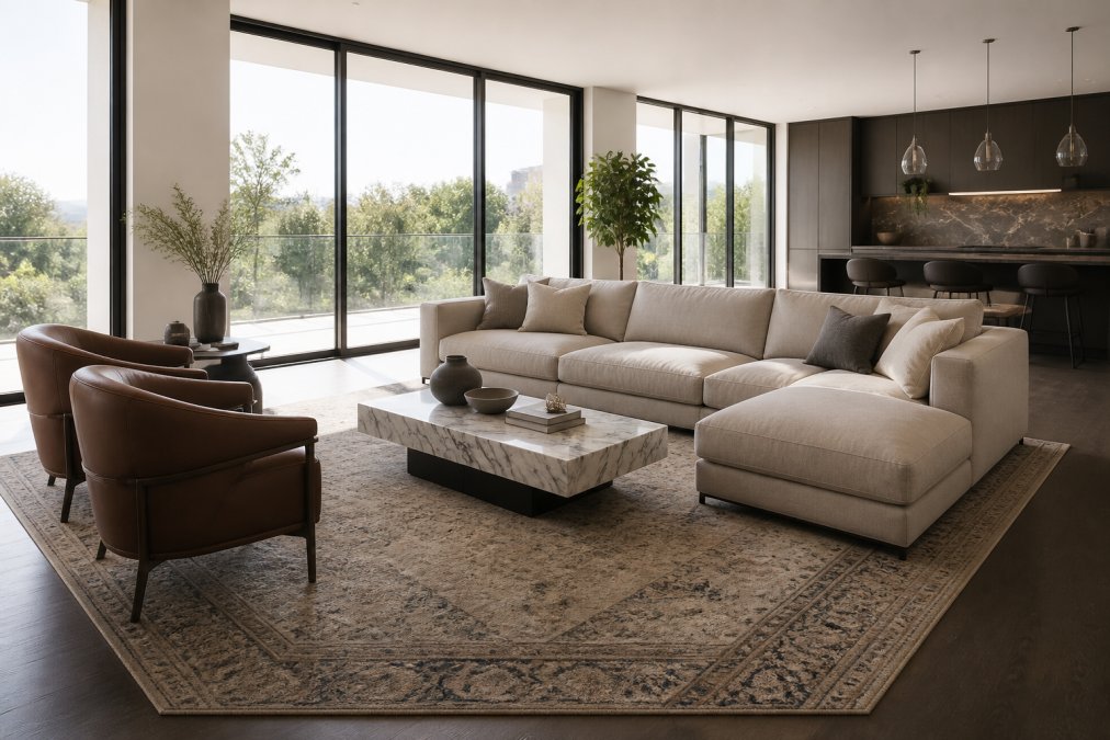 Infographic illustrating the step-by-step process of styling a hand-knotted wool rug with designer furniture.