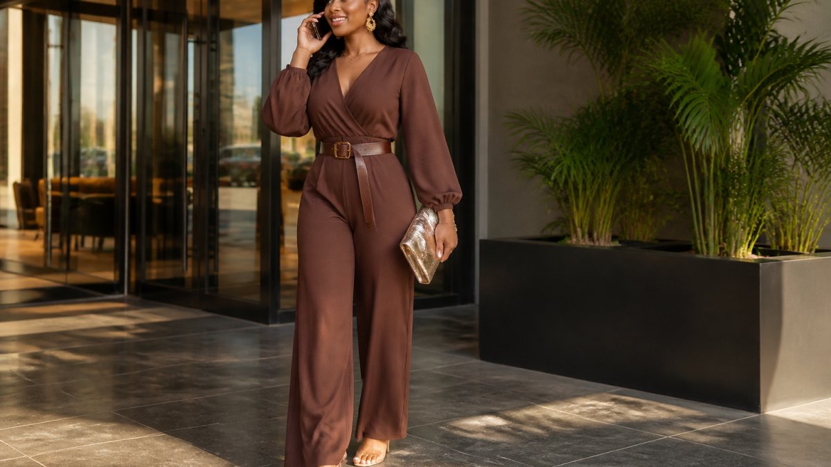 Woman wearing a trendy jumpsuit styled with a leather belt, gold earrings, clear heels, and a metallic clutch