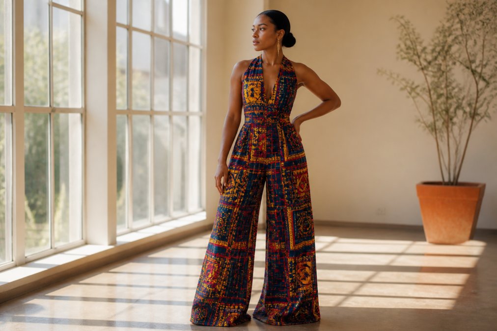 A woman wearing a wide-leg African print jumpsuit standing in a sunlit room with tall windows, one hand resting on her hip, showing the full silhouette and the drape of the fabric