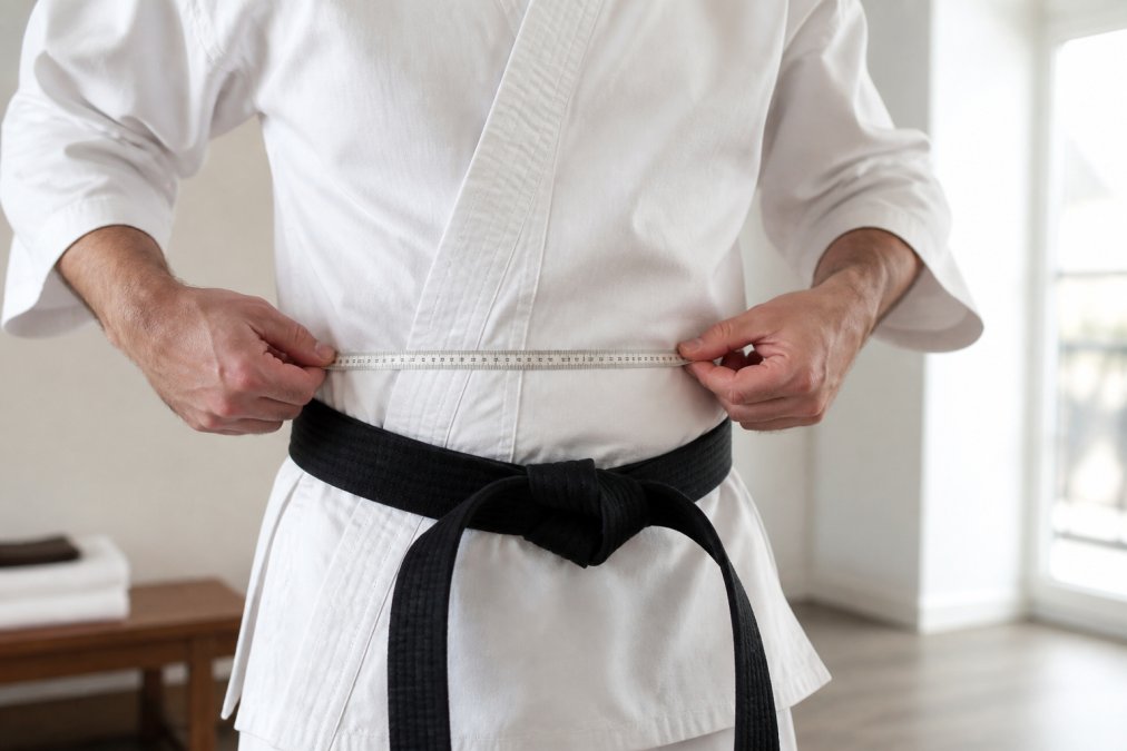Person wearing a flexible tape measure around their waist at the natural waistline, showing proper placement and technique for accurate measurement