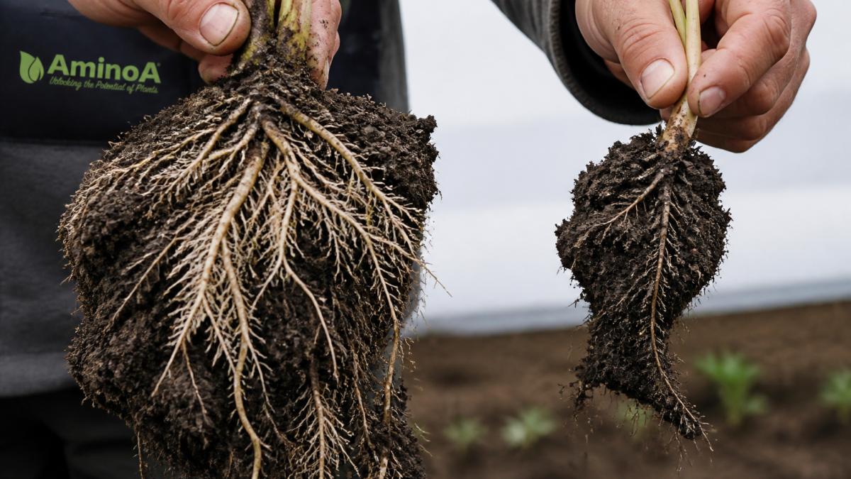 Close-up of healthy root systems in soil showing vigorous root branching and white root hairs, contrasted with a less developed root system beside it