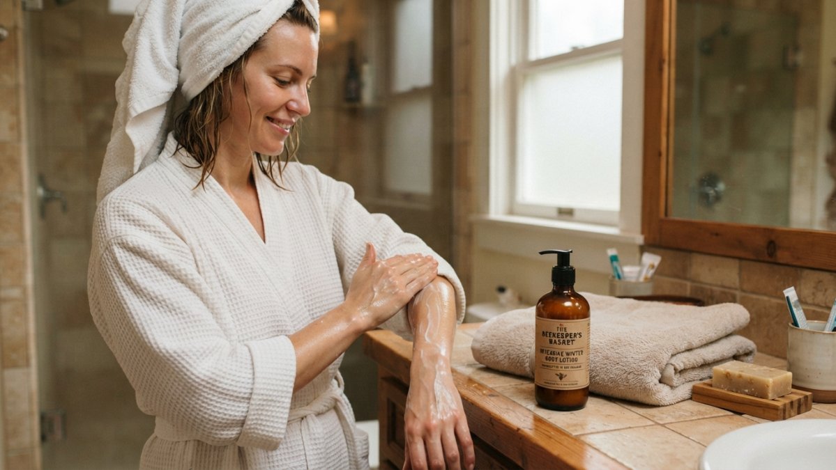 A person applying body lotion to their arms after a shower in a warm bathroom, with a bottle of lotion on the counter and a towel nearby