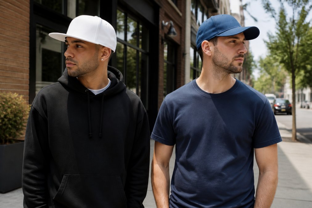 Two men standing side by side on a sunny city sidewalk, one wearing a white flat brim fitted cap with streetwear, the other in a blue curved brim baseball cap with casual wear