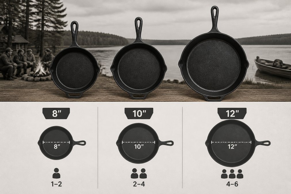 Size comparison chart featuring 8-inch, 10-inch, and 12-inch cast iron skillets arranged on a wooden surface.
