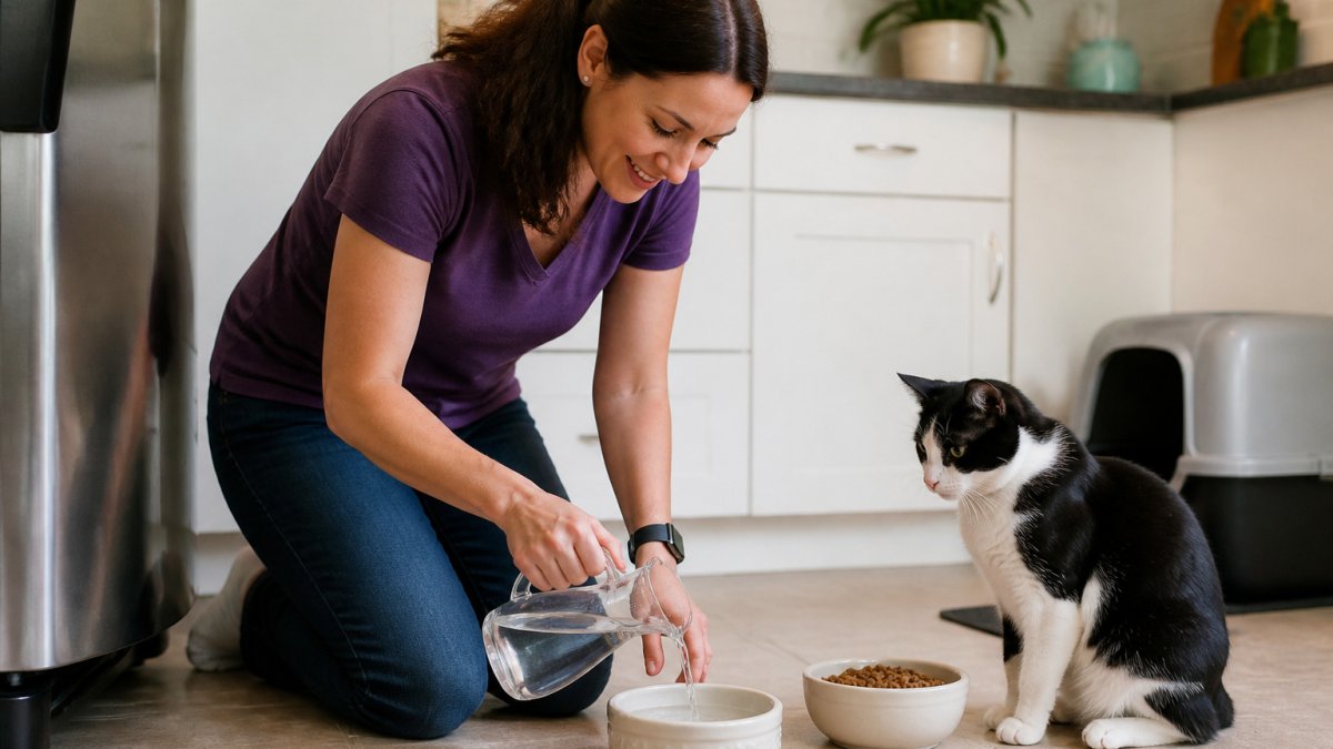Professional pet sitter refilling a ceramic water bowl in a kitchen for cat sitting services