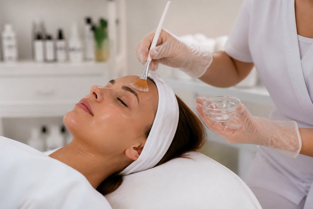 Close-up of a skincare professional's hands applying a light chemical peel solution to a client's face with a brush, in a clean, bright treatment room