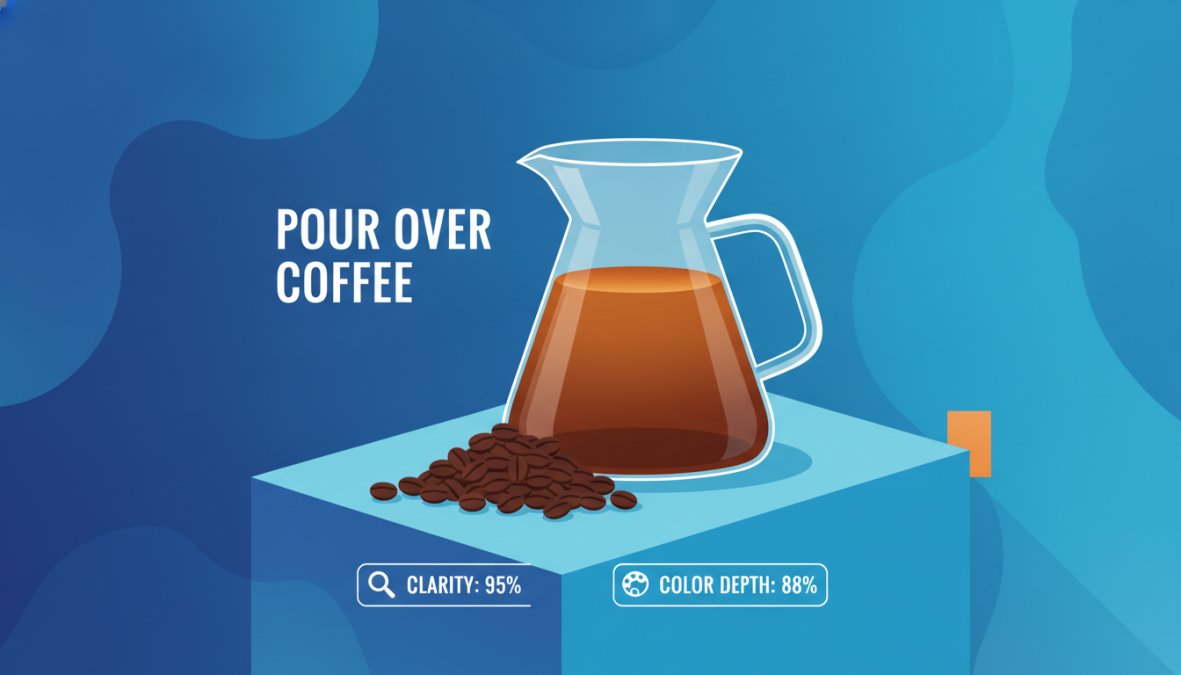 Close-up of a hand pouring hot water from a gooseneck kettle into a glass pour over dripper filled with freshly ground coffee, steam rising, warm natural light on a wooden kitchen counter with a small pile of whole coffee beans nearby