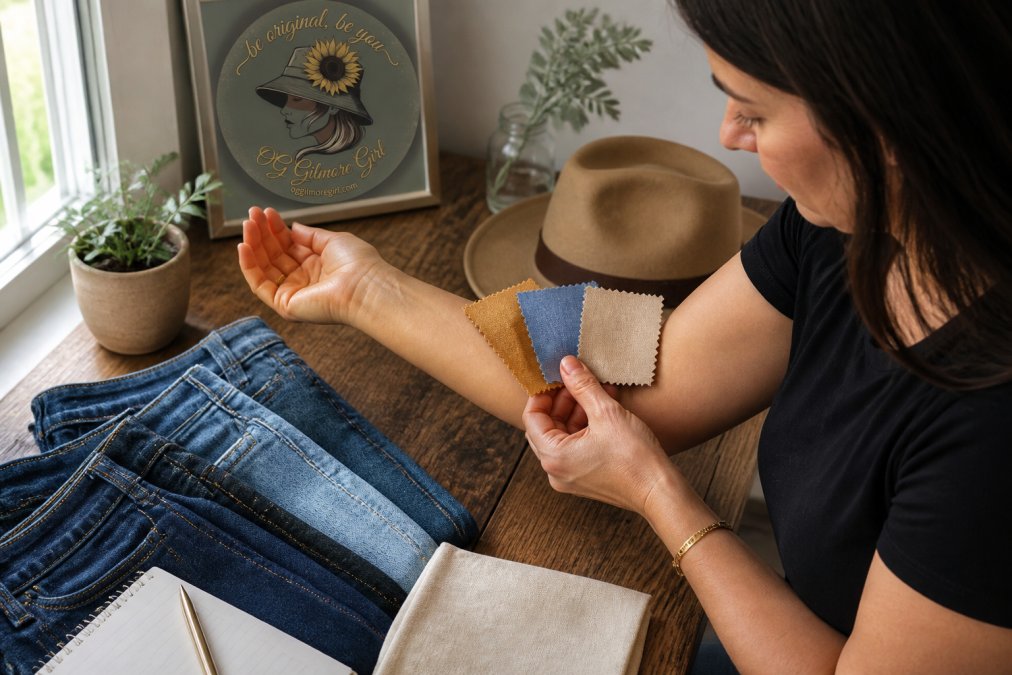 Infographic demonstrating how to match skin undertones to the right denim wash using gold, blue, and neutral swatches.