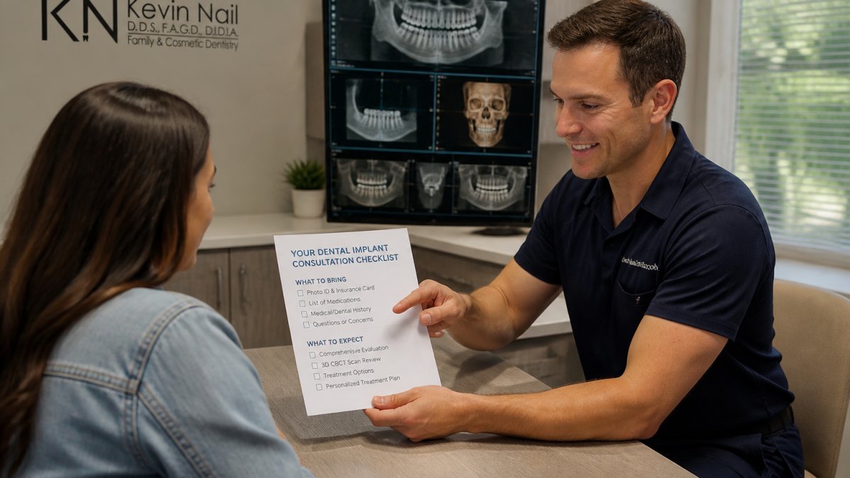 A patient sitting in a modern dental consultation room reviewing a printed checklist with a dentist, CBCT scan images visible on a monitor in the background, warm natural light