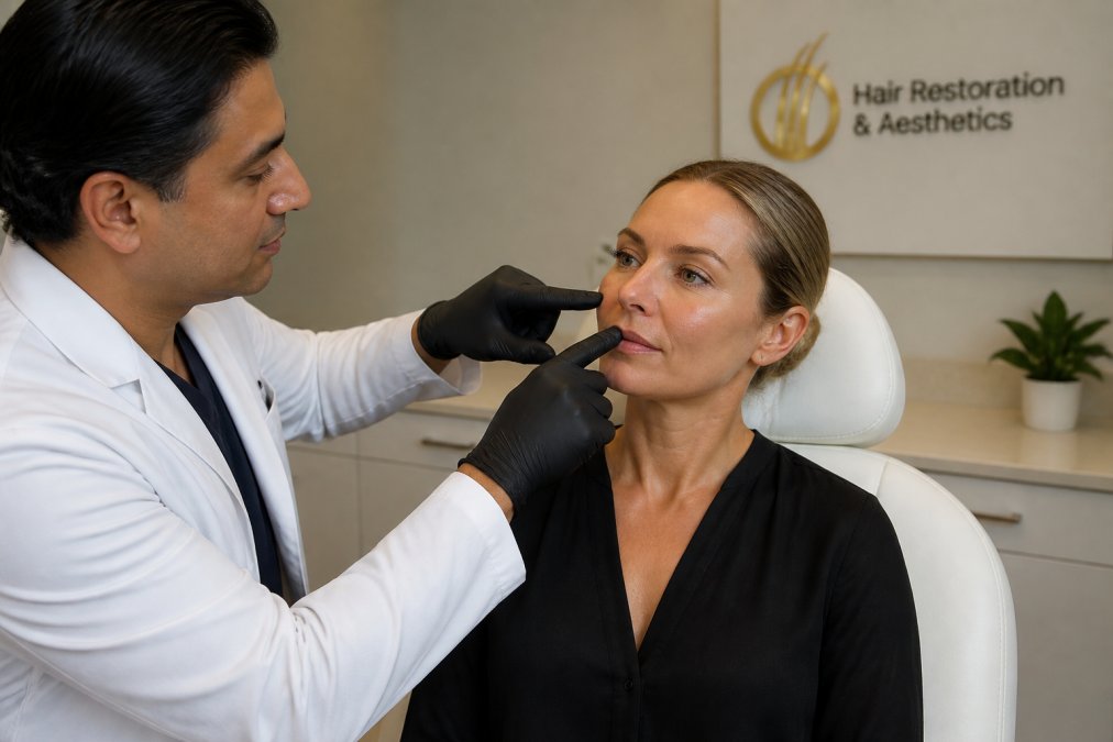Professional board-certified injector consulting with patient, pointing to cheeks, lips, and nasolabial folds on patient's face to explain treatment areas and facial anatomy in modern clinical setting with soft lighting