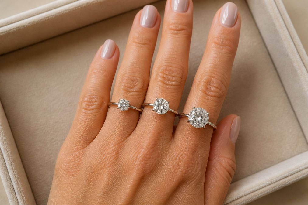 Close-up of a person's hand wearing three different diamond engagement rings with varying carat sizes, displayed side by side on a soft velvet tray under warm natural light, showcasing the visual difference in diamond spread and finger coverage