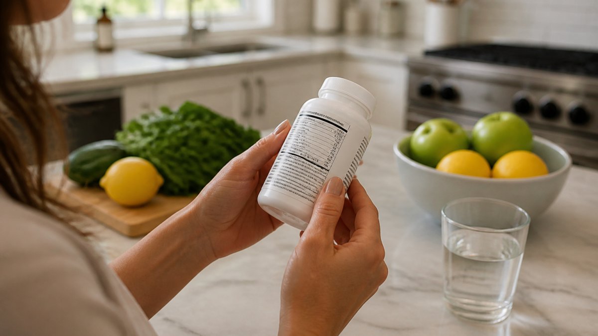 Close-up of a person's hands holding a digestive enzyme supplement bottle and reading the ingredient label in a bright kitchen