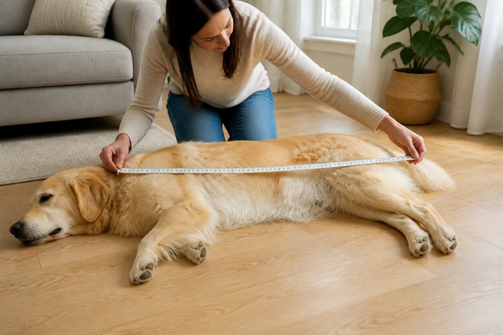 A large dog lying on its side with a soft measuring tape extended along its body from nose to tail, owner gently holding the tape in a bright, naturally-lit living room with wooden flooring