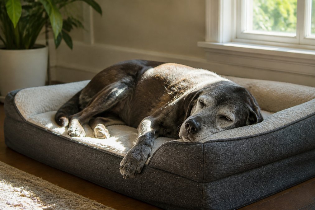 A senior dog with graying muzzle resting peacefully on a thick memory foam orthopedic bed with supportive bolster sides, sunlight streaming through a window illuminating the dog's relaxed expression
