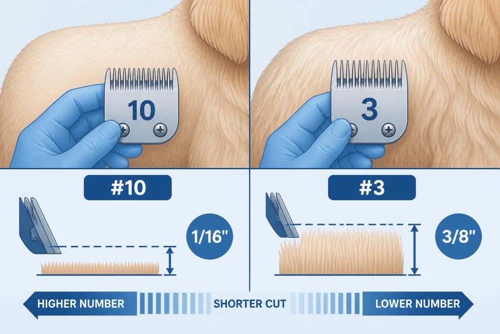 Close-up of a groomer's hand holding two dog clipper blades side by side, showing the difference in cutting depth between a #10 and #3 blade, with a dog's coat visible in the background