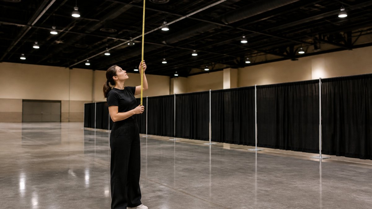 Event planner using a tape measure to determine the required drape height in a large venue