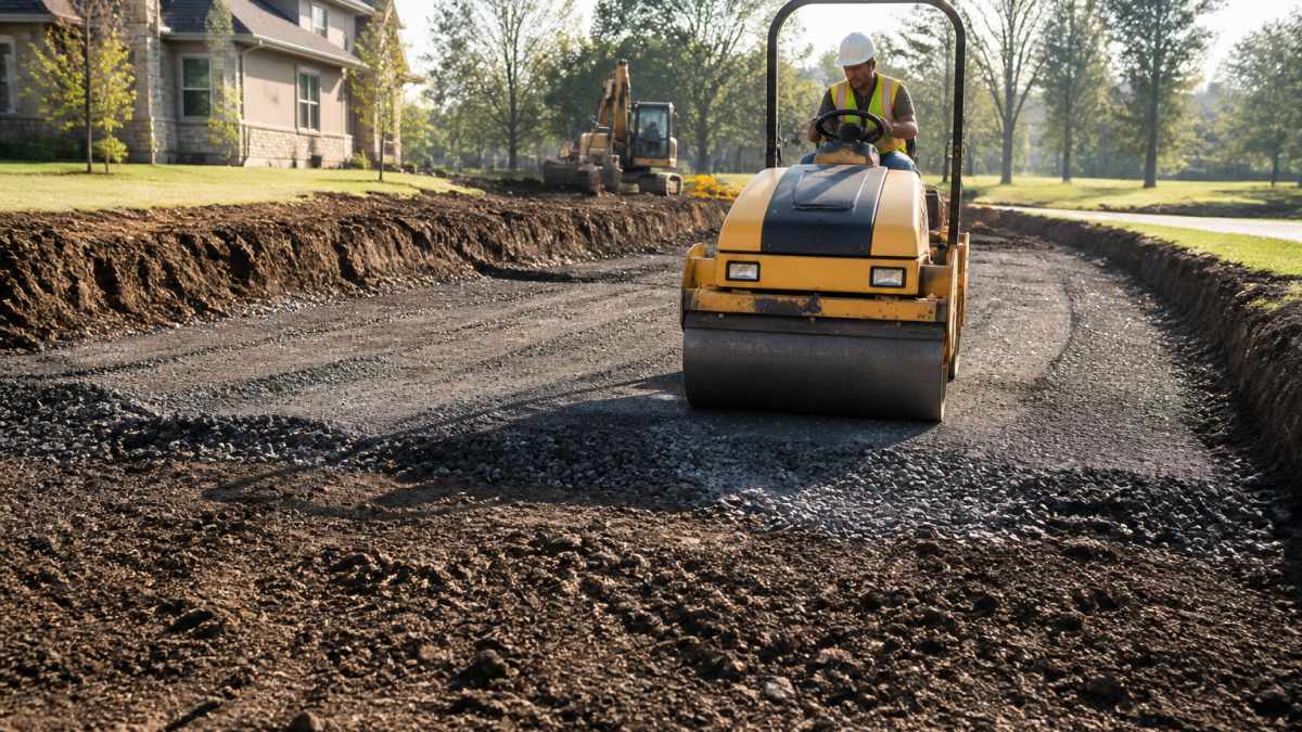 Professional excavating and preparing driveway sub-base with heavy equipment, showing exposed soil layers and aggregate material being compacted, morning sunlight across the work site