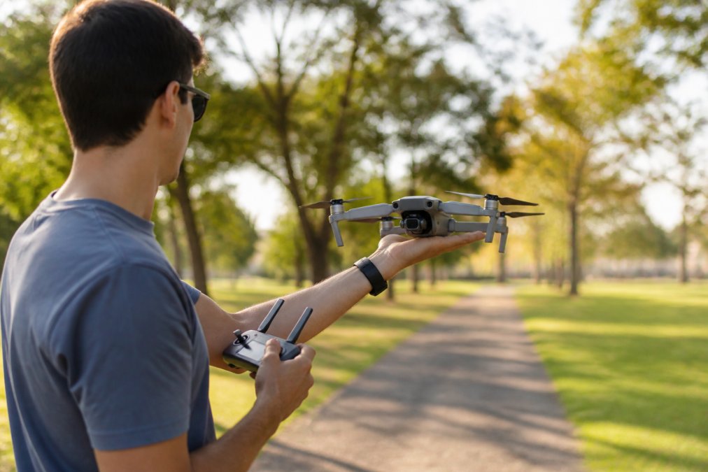 A person holding a compact drone with a camera at a sunny park, preparing for takeoff with the controller in one hand