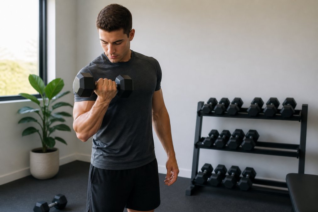 A beginner in athletic wear performing a dumbbell bicep curl in a bright home gym, with a small rack of dumbbells visible in the background