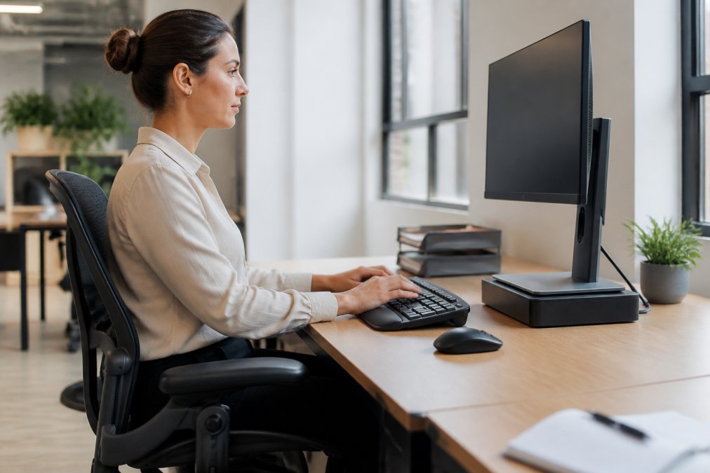 Professional demonstrating proper ergonomic keyboard setup at desk with monitor at correct height, wrists in neutral position, and proper chair posture in modern office with natural lighting