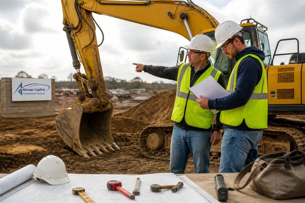 Construction foreman and colleague discussing project plans near a mid-size excavator at a busy job site