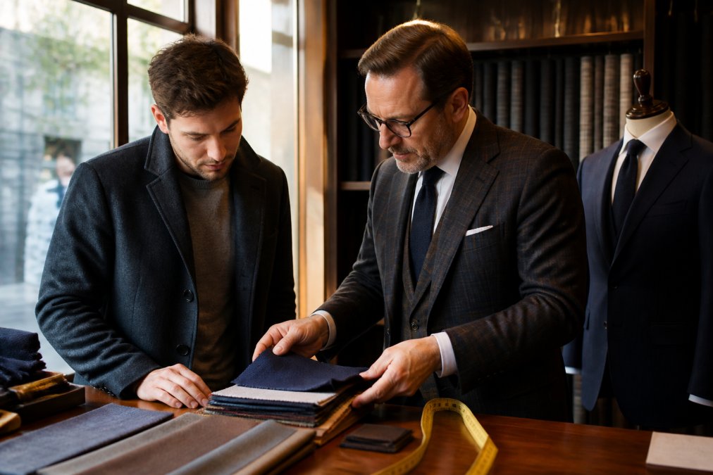 A tailor and client reviewing fabric swatches together at a fitting table, with a measuring tape and a suit jacket on a mannequin nearby, warm natural light from a shop window