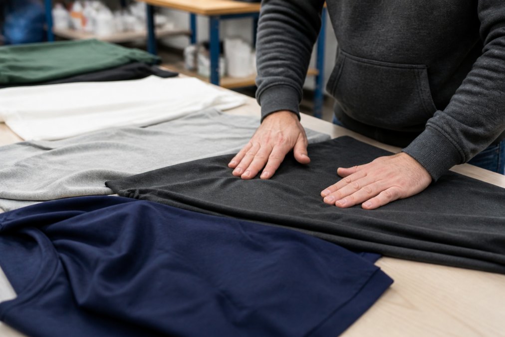 Close-up of hands feeling the texture of different colored t-shirt fabrics laid out on a light table in a print shop