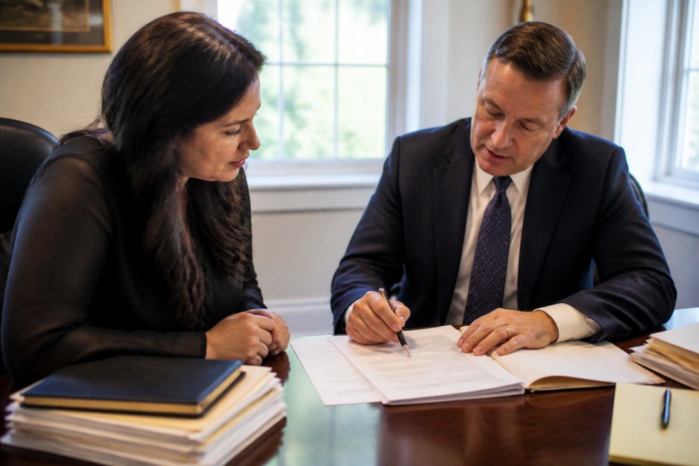 A client and family law attorney sitting at a wooden desk reviewing legal documents together in a professional office with natural light from windows, the attorney pointing to specific sections while discussing case strategy
