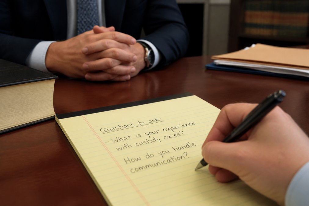 A notepad with handwritten questions including "What is your experience with custody cases?" and "How do you handle communication?" sitting on a table next to a pen, with a person's hand visible taking notes during a legal consultation in a professional office setting