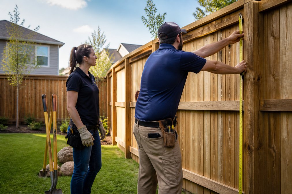 Homeowner and contractor measuring the fence height of a wooden privacy fence in a suburban backyard.
